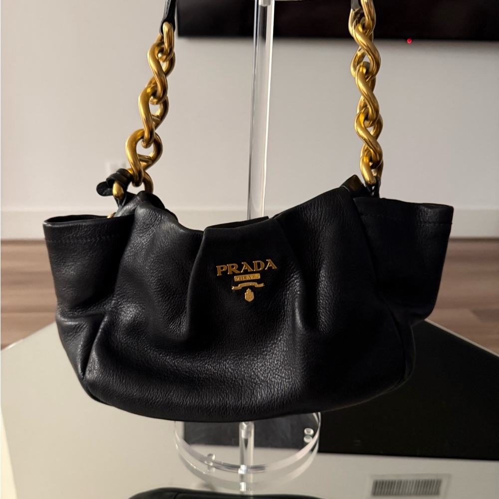 Prada Black Leather Shoulder Bag with Gold Chain